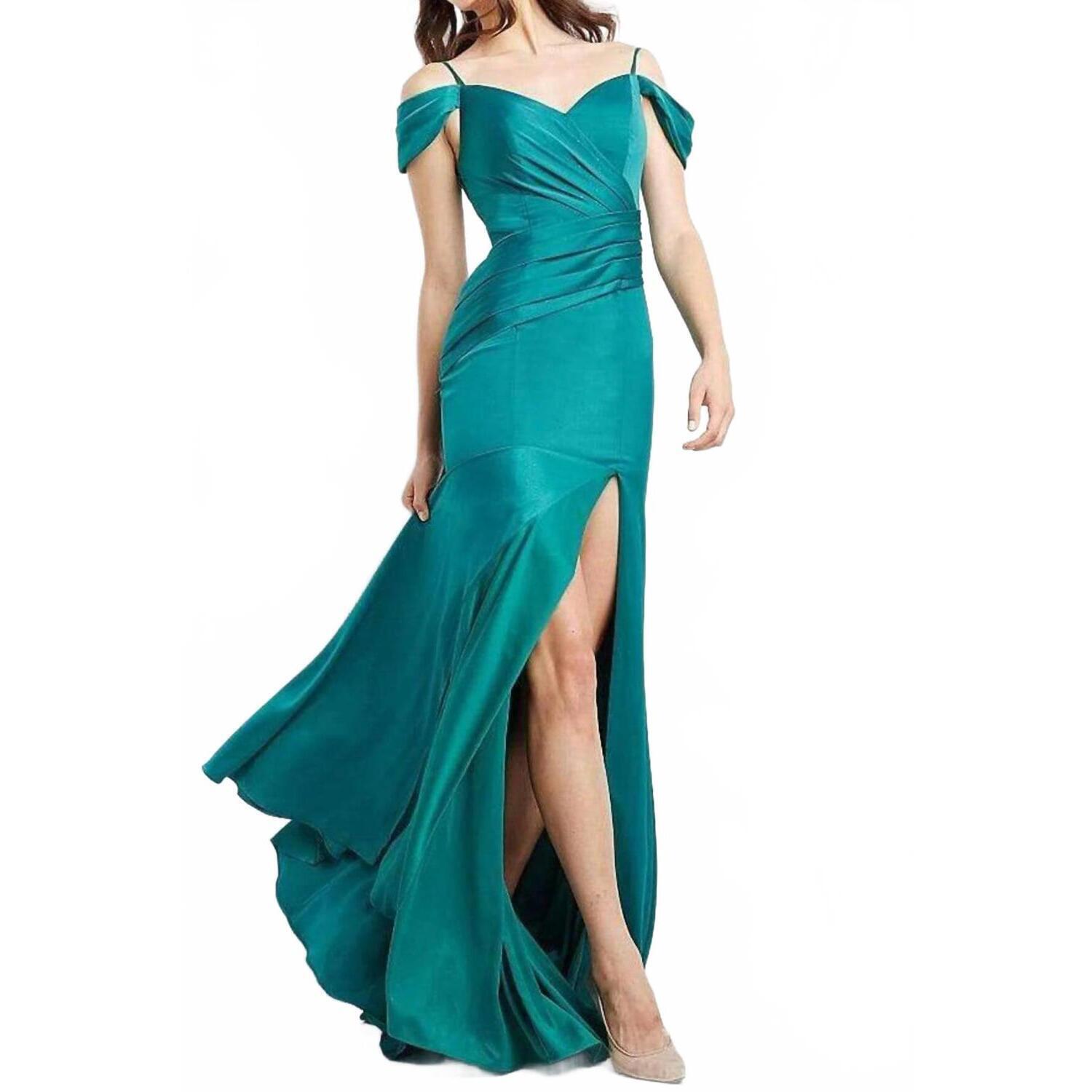 New Jovani Cold Shoulder Pleated Bodice High Slit Long Dress In Emerald
